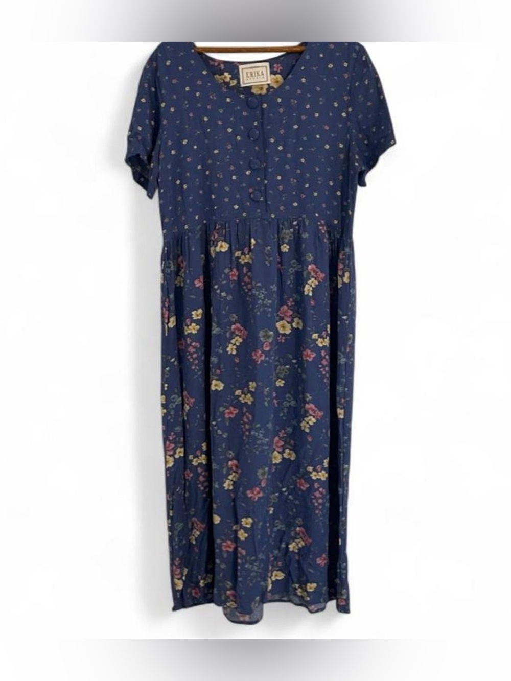 Erika Studio Women's M Vintage 90s Blue Floral Cottagecore Garden Midi Dress